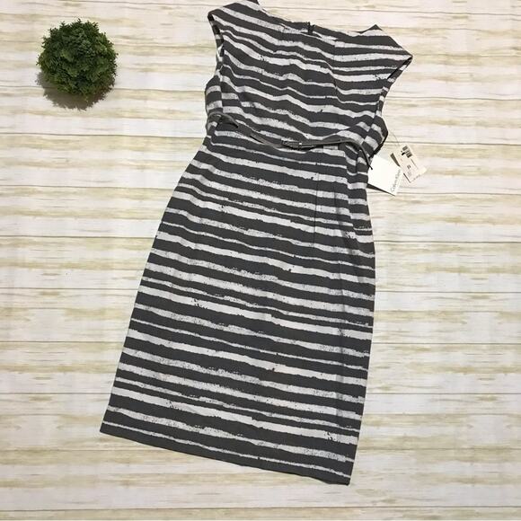 Calvin Klein NWT Gray White Stripe Business Office Cap Sleeve Belted‎ Dress 6 - Picture 1 of 4